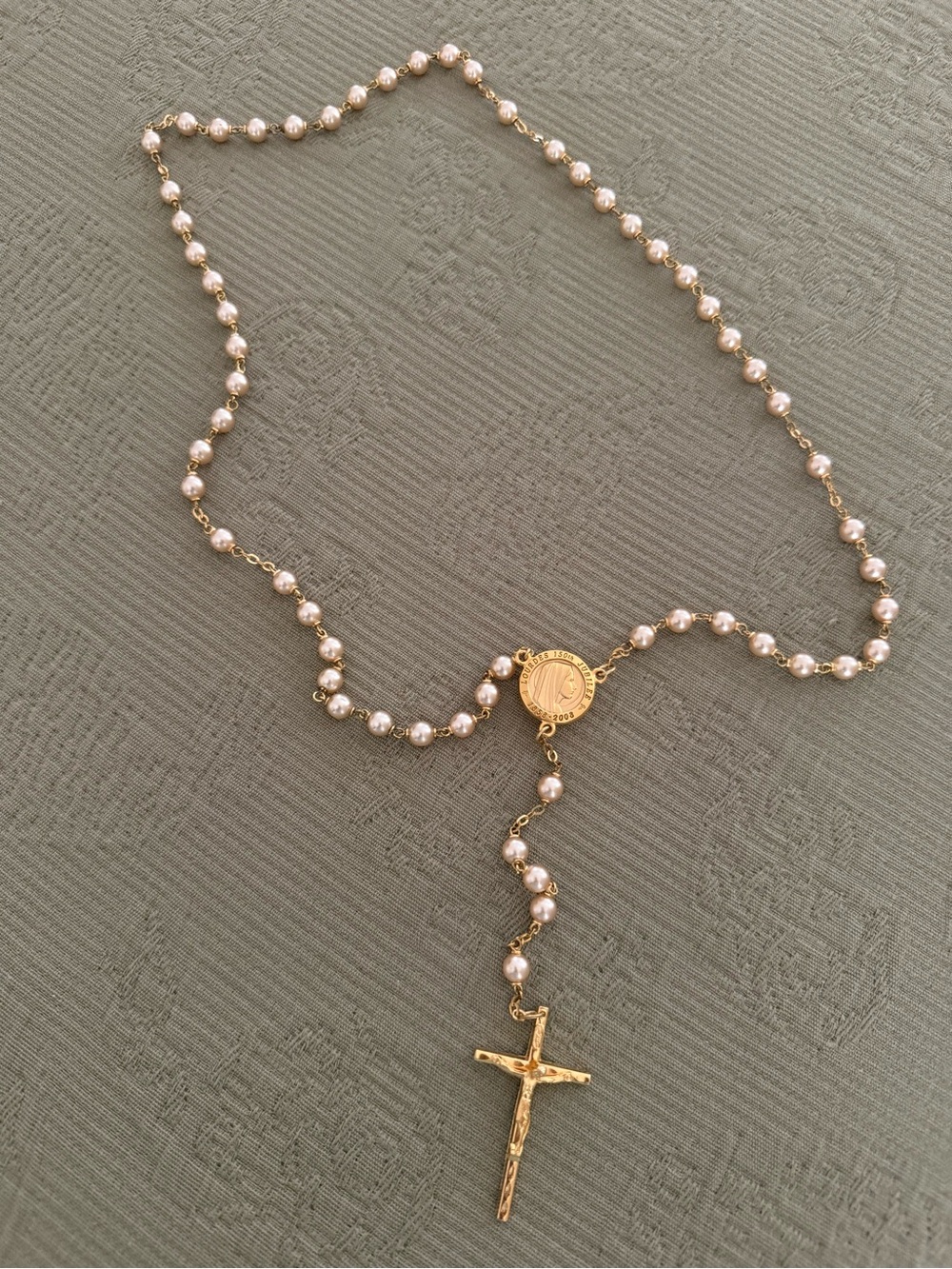 Delicate Gold and Pearl Rosary Necklace